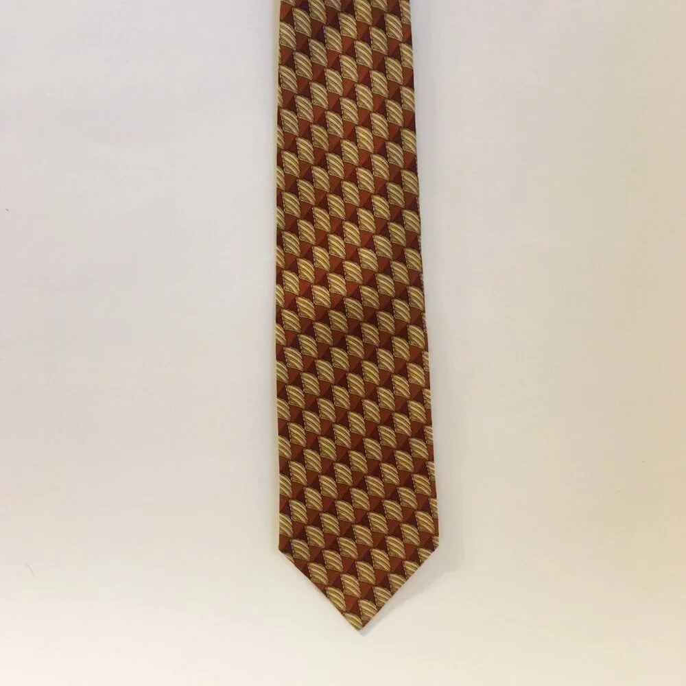 Valentino Cravatte Neck Tie 100% Silk Rust Brown Gold Handmade Geometric Pattern